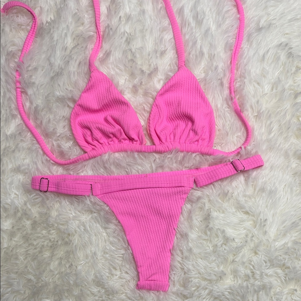 Brazilian Pink Ribbed Bikini Set